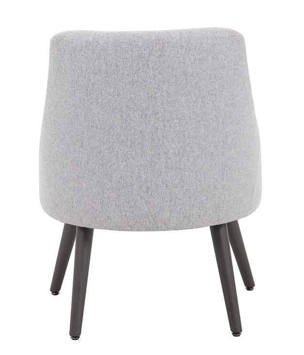 Back view of Valiant Products Ellison lounge chair with curved back, gray poly-linen upholstery, and dark wood-tone legs