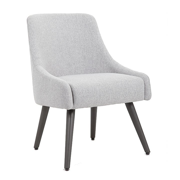Valiant Products Ellison guest lounge chair in light gray poly-linen with a curved back and heritage gray metal legs.