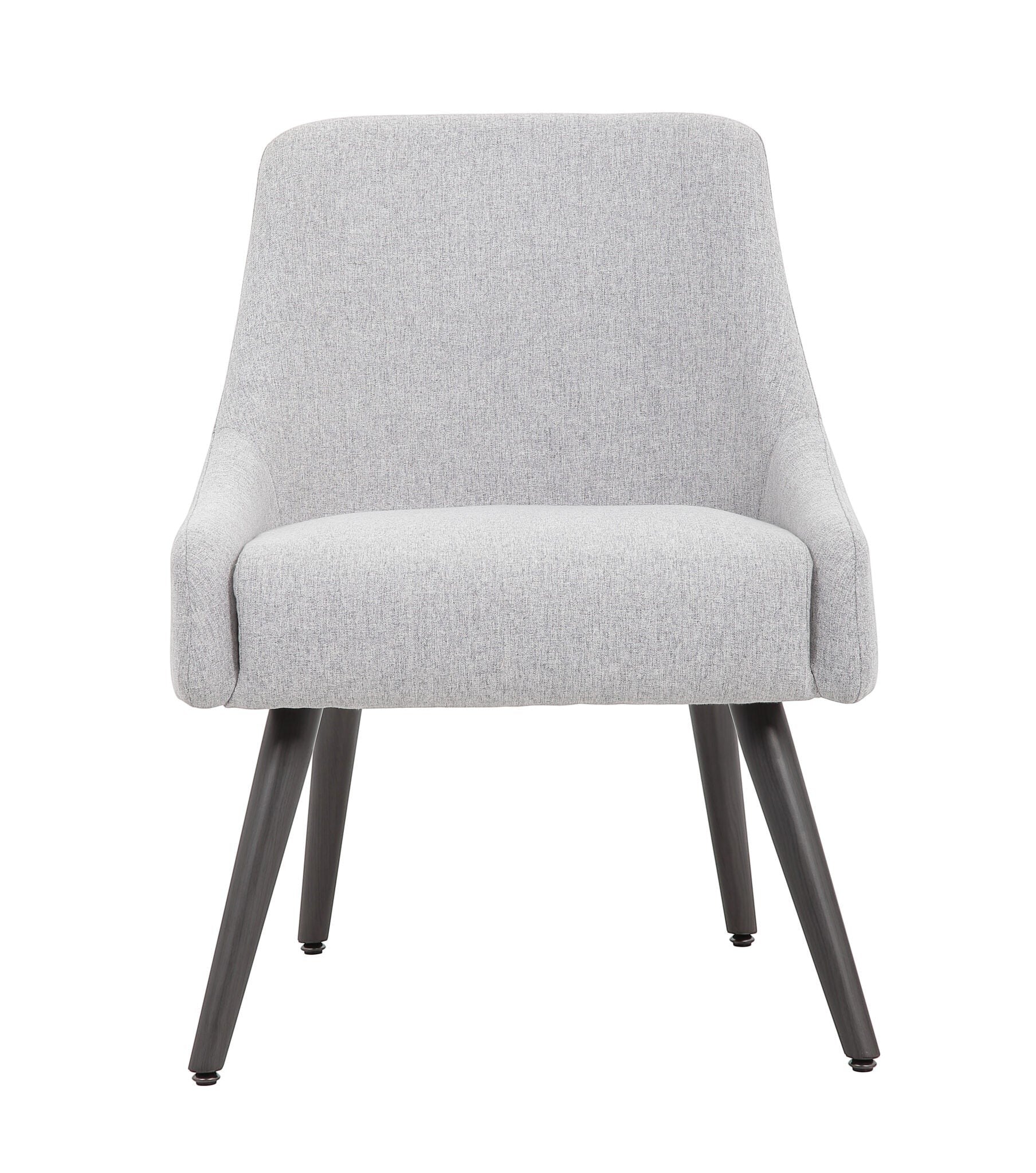 Valiant Products Ellison guest lounge chair in light gray poly-linen with curved back and heritage gray metal legs