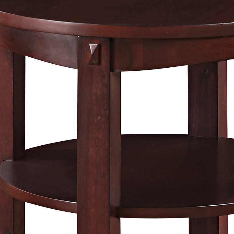 Valiant Products Lanie round end table in espresso finish with three shelves and detailed wood joinery