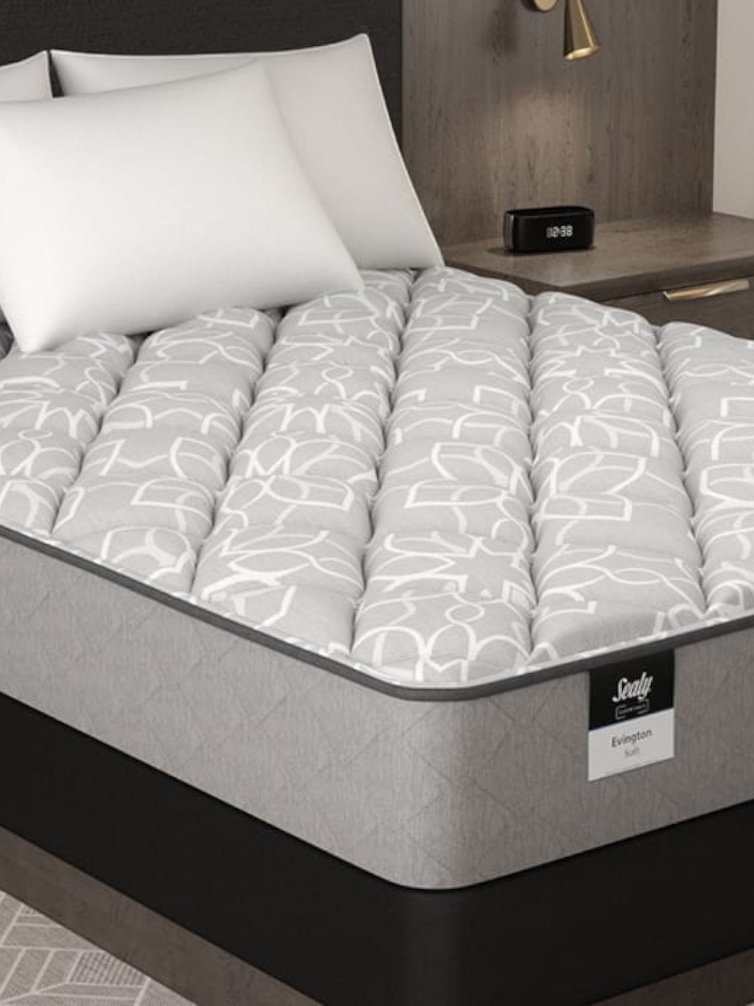 Valiant Products Sealy Evington 12-inch soft one-sided tight top mattress with grey patterned fabric and gel foam.