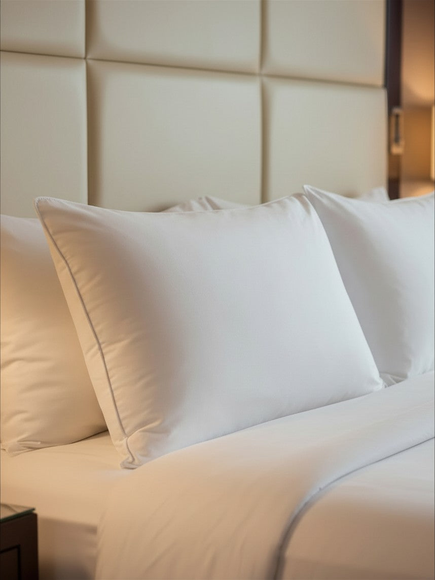 Valiant Products Five Star firm gel pillow in white with piped edges, displayed on a luxury hotel bed.
