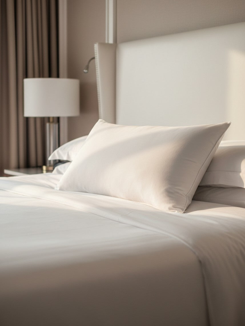 Valiant Products Five Star firm gel pillow in white on a neatly made hotel bed with soft morning light.