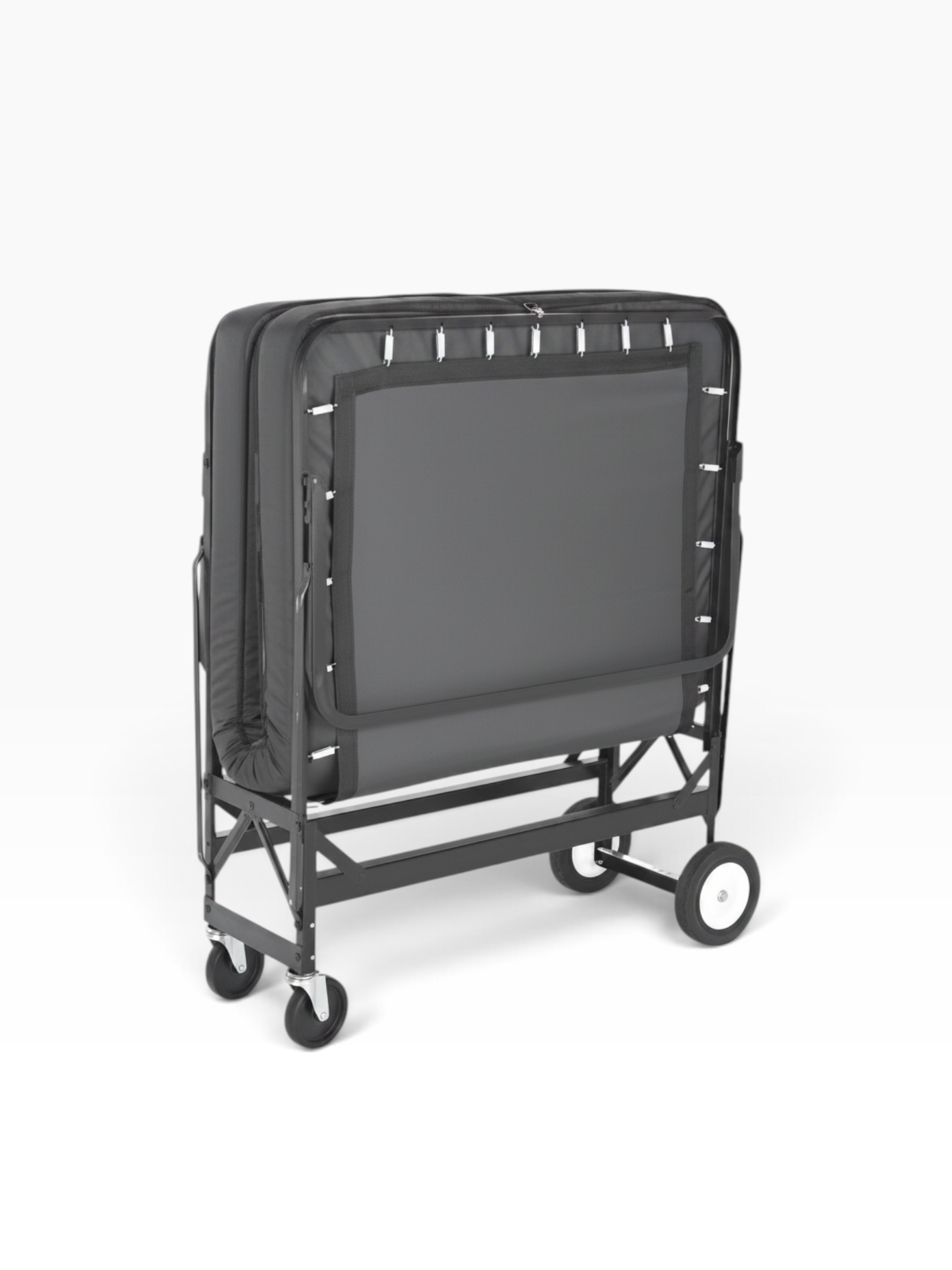 Valiant Products heavy-duty rollaway bed folded for storage with a black steel frame and swivel casters