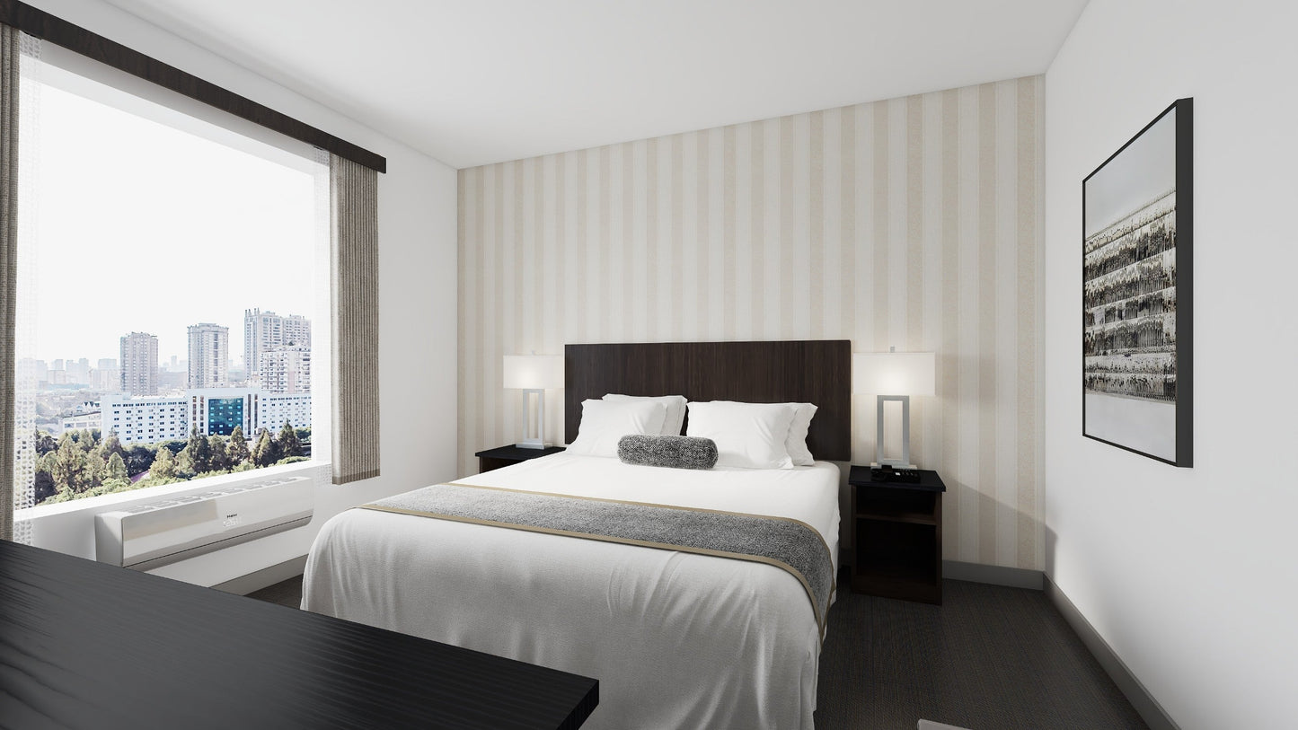 Valiant Products freestanding nightstand with open shelves in a modern hotel guestroom setting