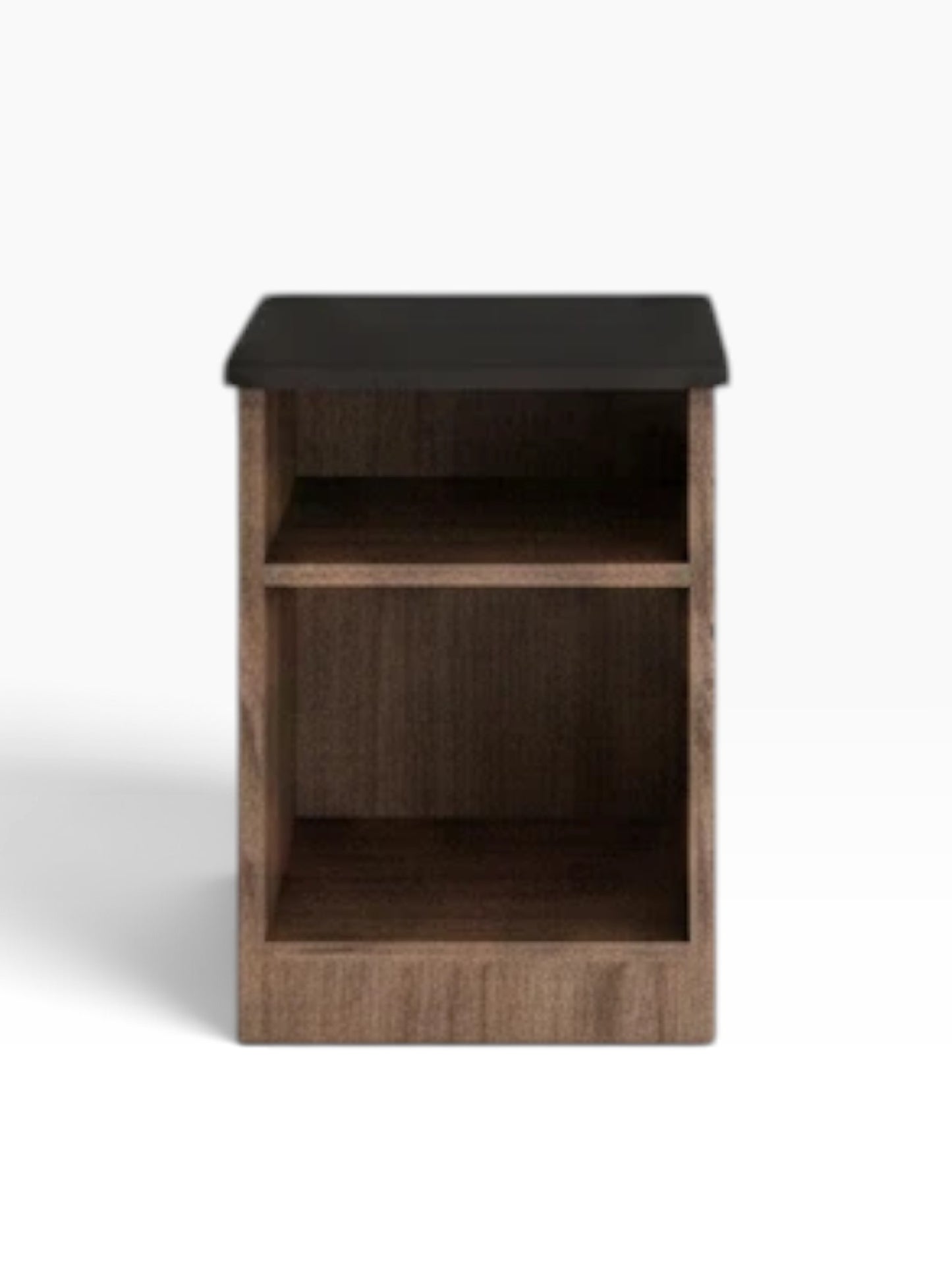 Valiant Products freestanding nightstand with a dark top and two open shelves in a warm wood finish