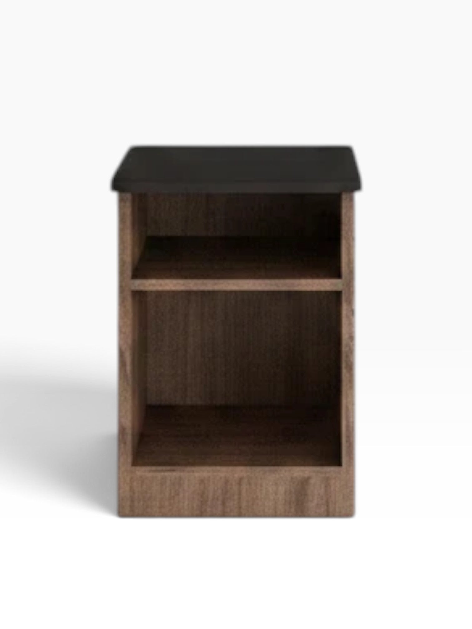 Valiant Products freestanding nightstand with a dark top and two open shelves in a warm wood finish