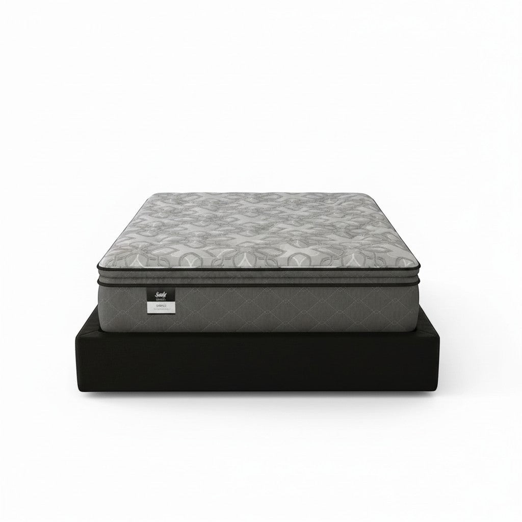 Valiant Products Sealy Posturepedic Gaffney 13-inch soft Euro pillowtop mattress with grey patterned knit fabric.