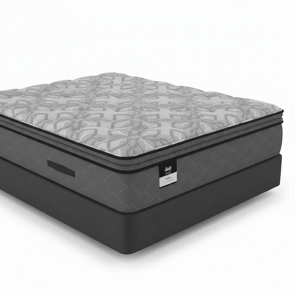 Valiant Products Sealy Posturepedic Gaffney 13-inch soft Euro pillowtop mattress with grey patterned knit fabric.