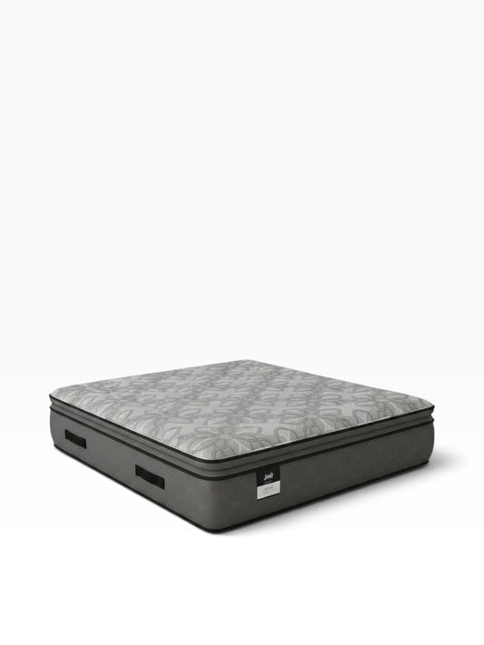 Valiant Products Sealy Posturepedic Gaffney 13-inch soft Euro pillowtop mattress with grey patterned knit fabric.