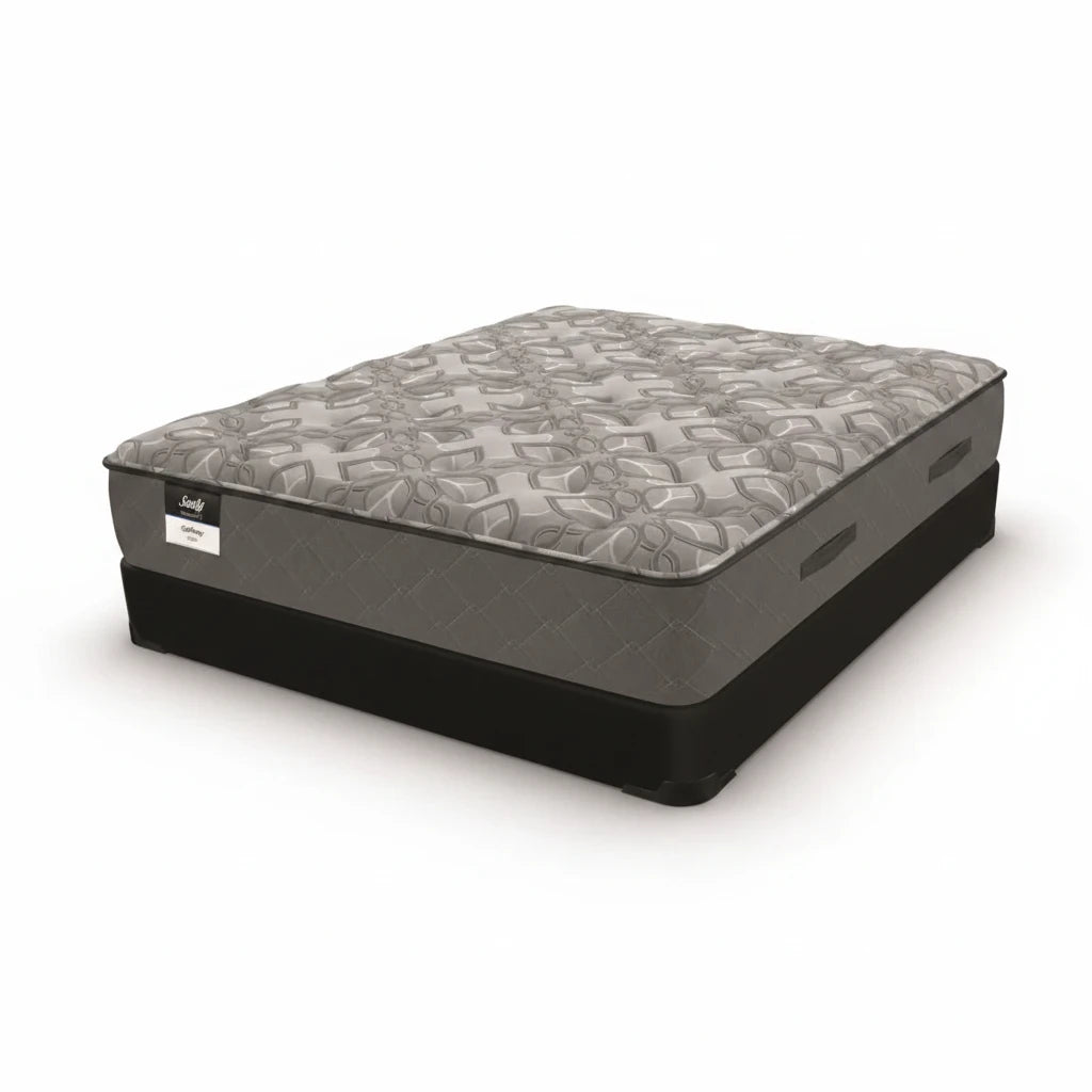 Valiant Products Sealy Posturepedic Gaffney 13-inch soft tight top mattress with grey patterned knit fabric surface