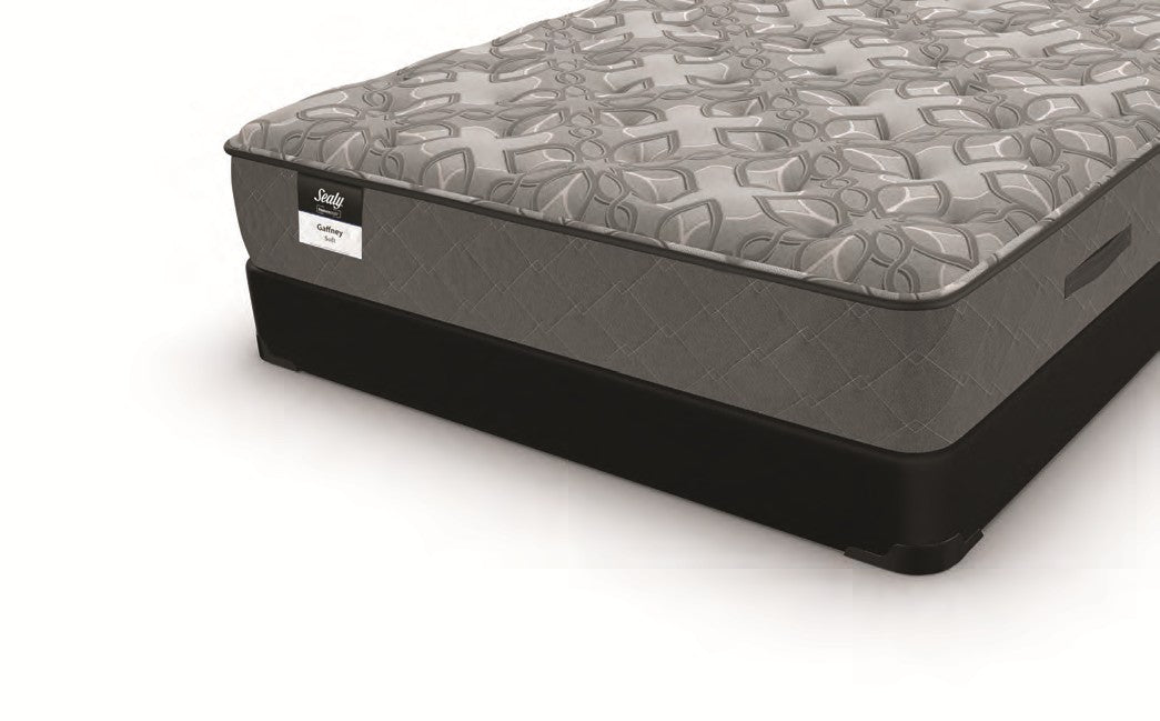 Valiant Products Sealy Posturepedic Gaffney 13-inch soft tight top mattress with grey patterned fabric and side handles.