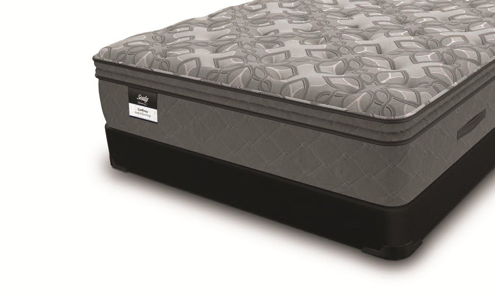 Valiant Products Sealy Posturepedic Gaffney 13-inch soft Euro pillowtop mattress with grey patterned knit surface.