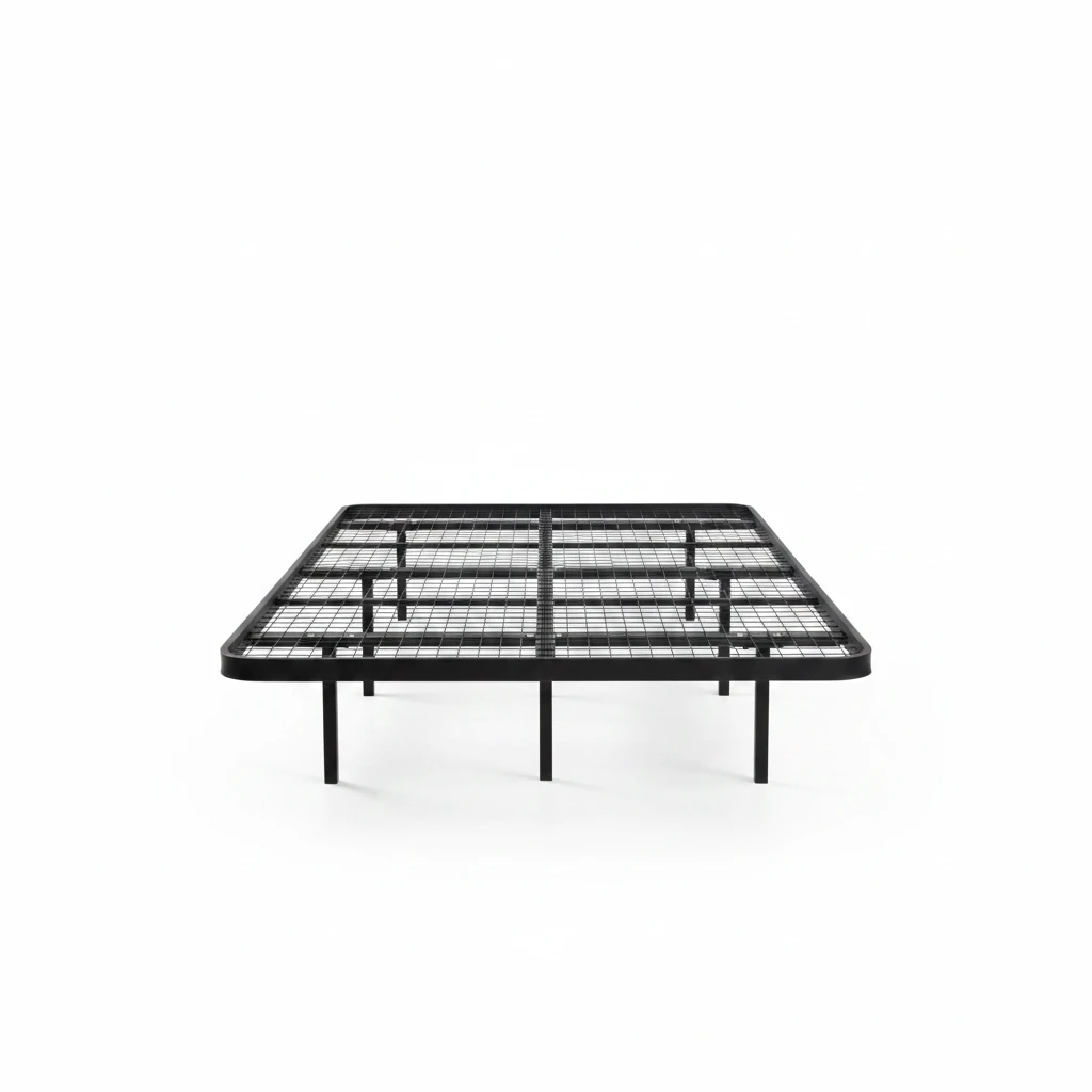 Valiant Products Goliath heavy-duty black steel platform bed base with a wire grid deck and 16-inch storage clearance.