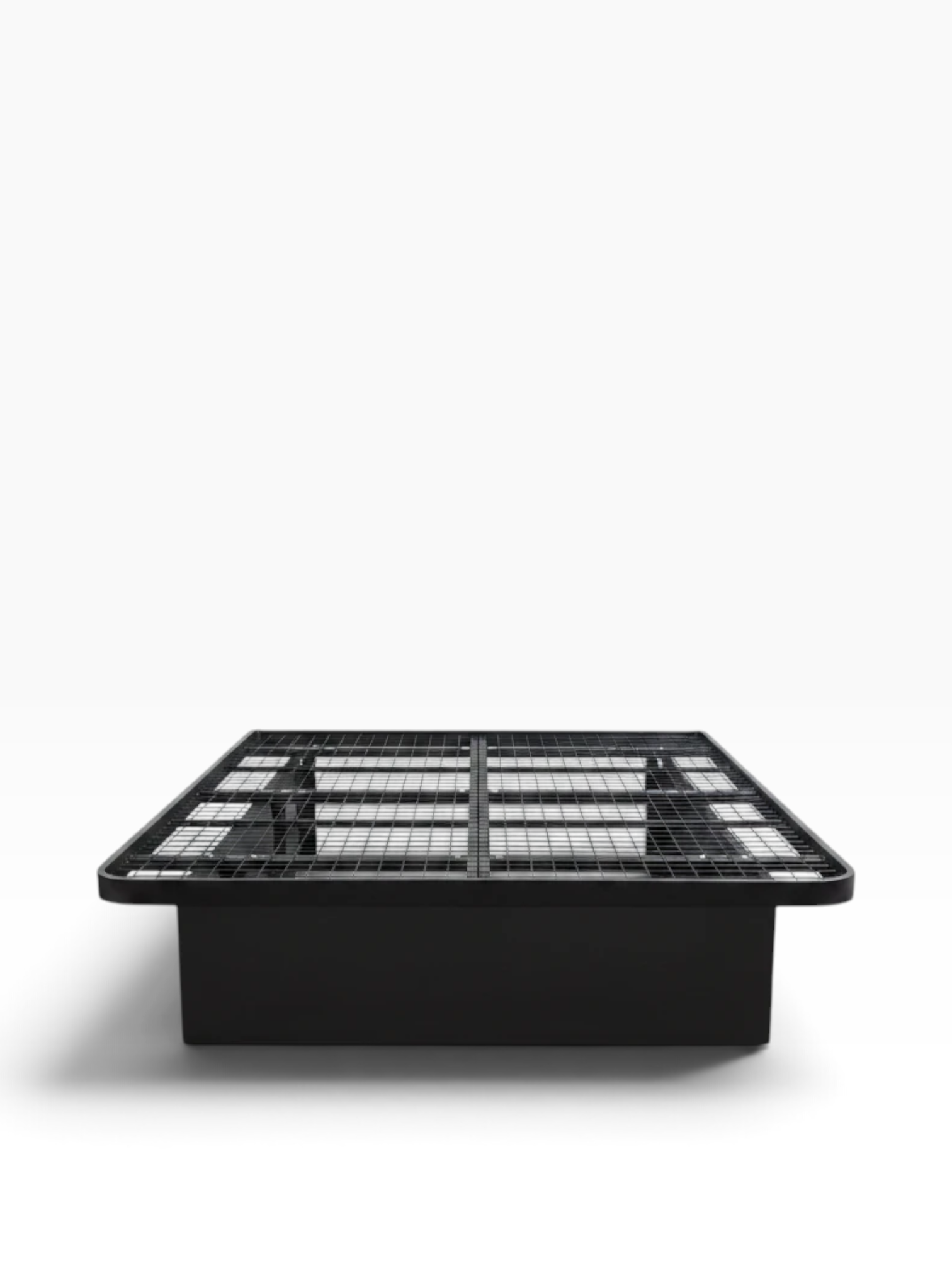 Valiant Products Goliath platform bed base in black steel with a wire grid deck and enclosed side panels.