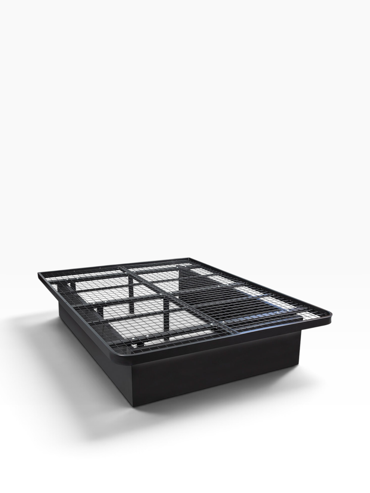 Valiant Products Goliath black steel platform bed base with a welded wire grid deck and enclosed side panels.