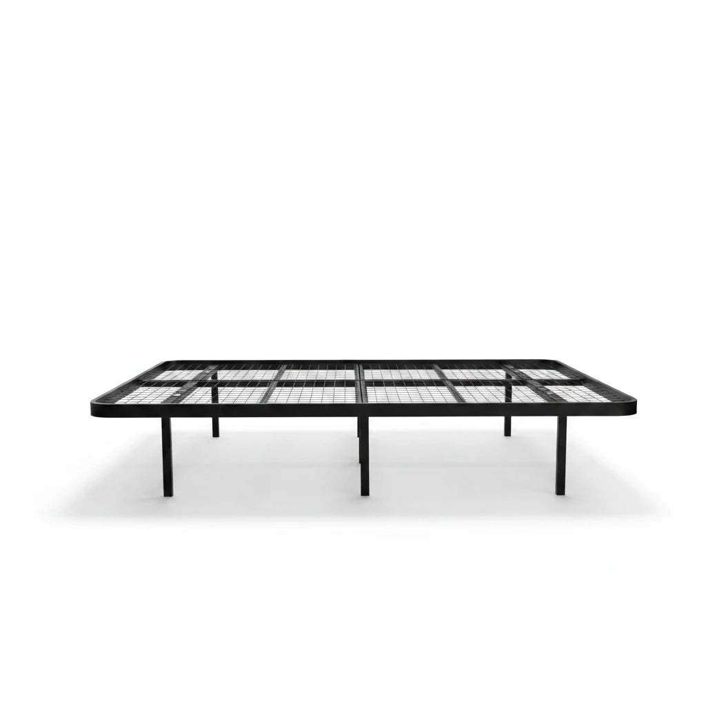 Valiant Products Goliath heavy-duty black steel platform bed base with a wire grid deck and 16-inch storage clearance.