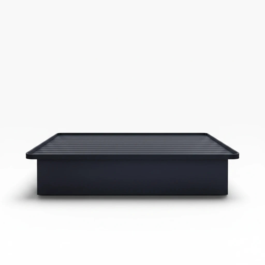 Valiant Products Goliath Elite black steel platform bed base with 4-panel enclosure and 16-inch high profile design.