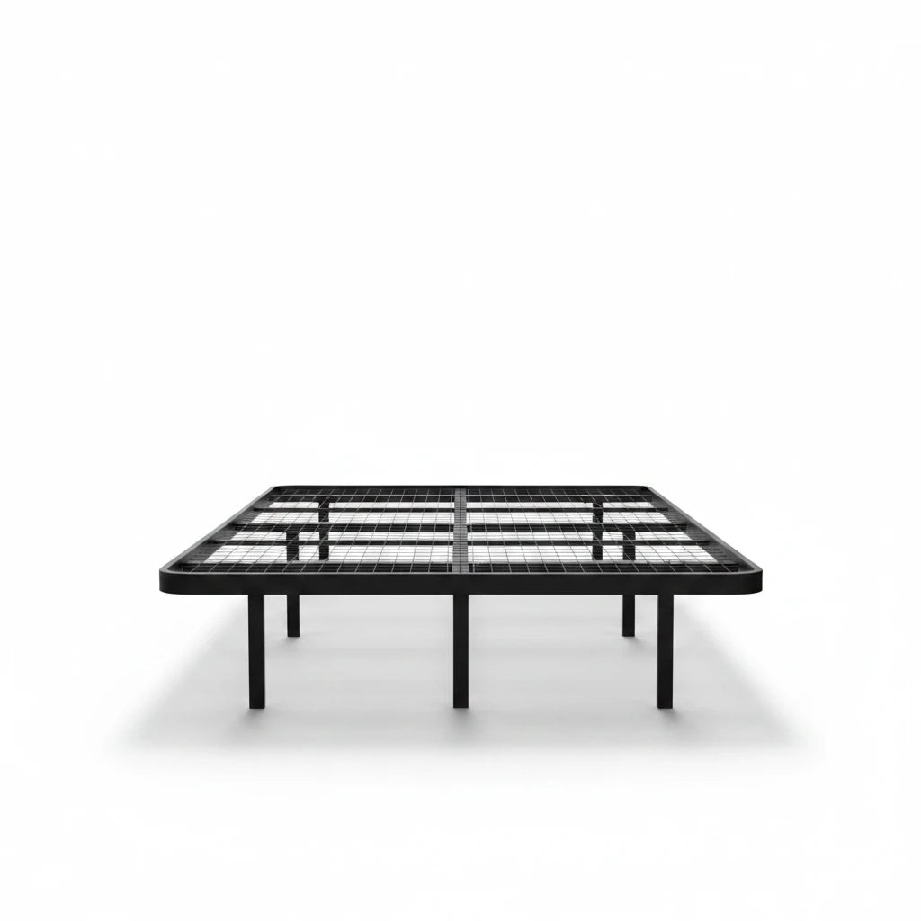 Valiant Products Goliath heavy-duty steel platform bed base in ebony with a wire grid deck and 16-inch height.
