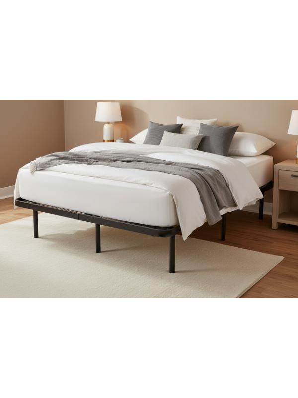 Valiant Products Goliath platform bed base in ebony steel with a 16-inch profile and mattress retainer edge.