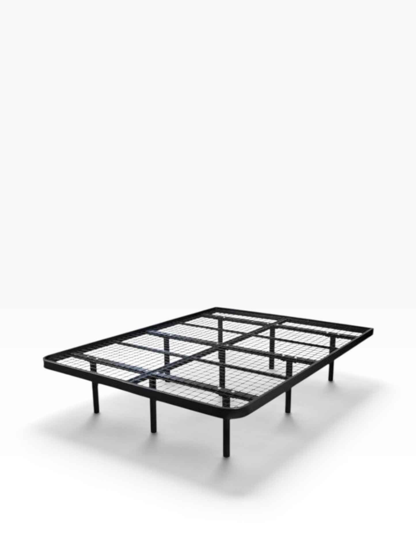 Valiant Products Goliath platform bed base in ebony steel with a wire grid deck and 16-inch high storage clearance.