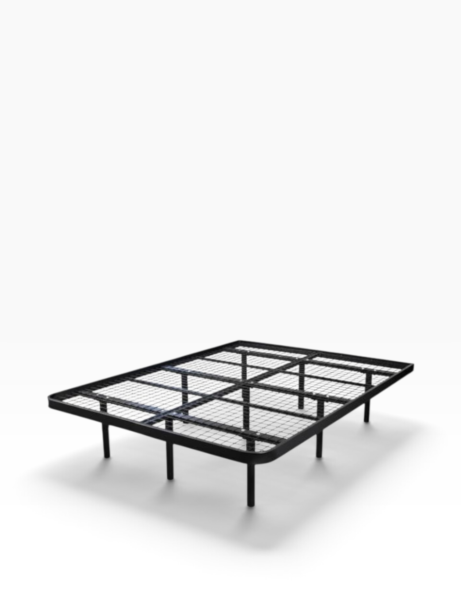 Valiant Products Goliath platform bed base in ebony steel with a wire grid deck and 16-inch high storage clearance.
