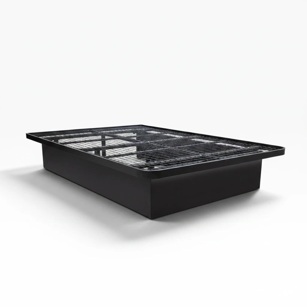Valiant Products Goliath platform bed base in ebony steel with a wire grid deck and enclosed 3-sided side panels.