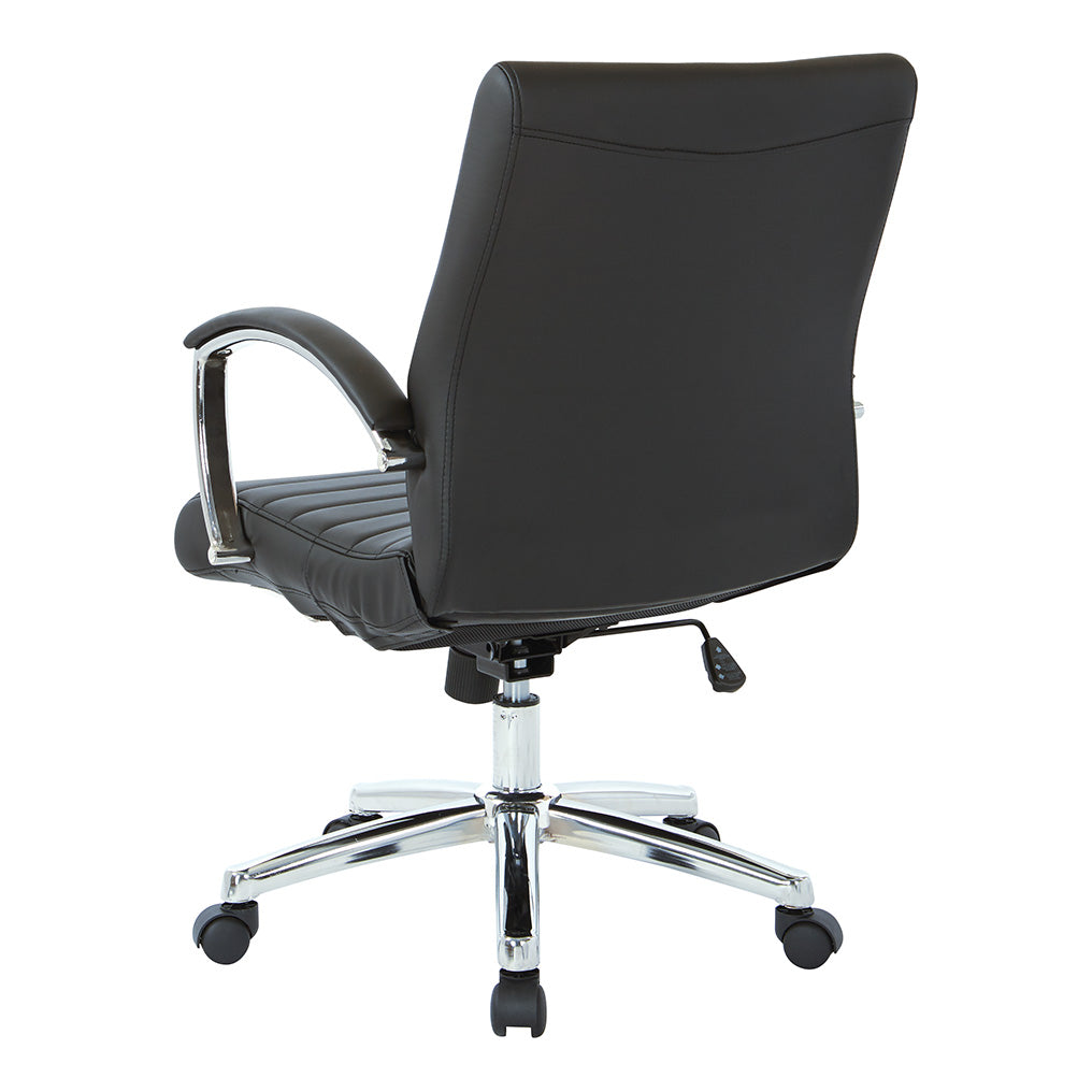 Back view of Valiant Products Gosper executive low back office chair in black faux leather with chrome base and arms.