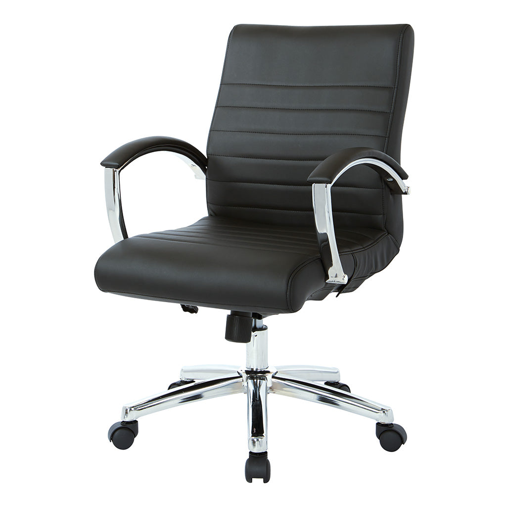 Valiant Products Gosper executive low back office chair in black faux leather with padded chrome arms and base.