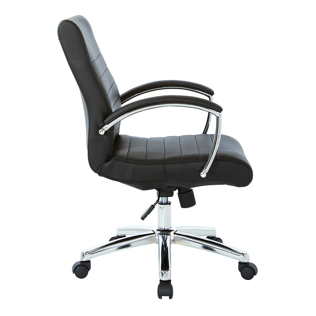 Valiant Products Gosper executive low back office chair in black faux leather with chrome arms and base, side view.