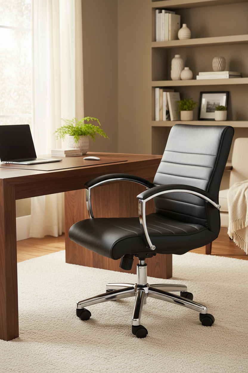 Valiant Products Gosper executive low back office chair in black faux leather with padded chrome arms and base.