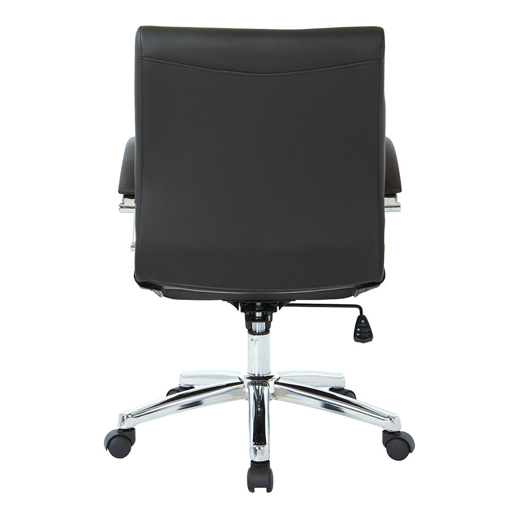 Back view of Valiant Products Gosper executive low back office chair in black faux leather with a polished chrome base.
