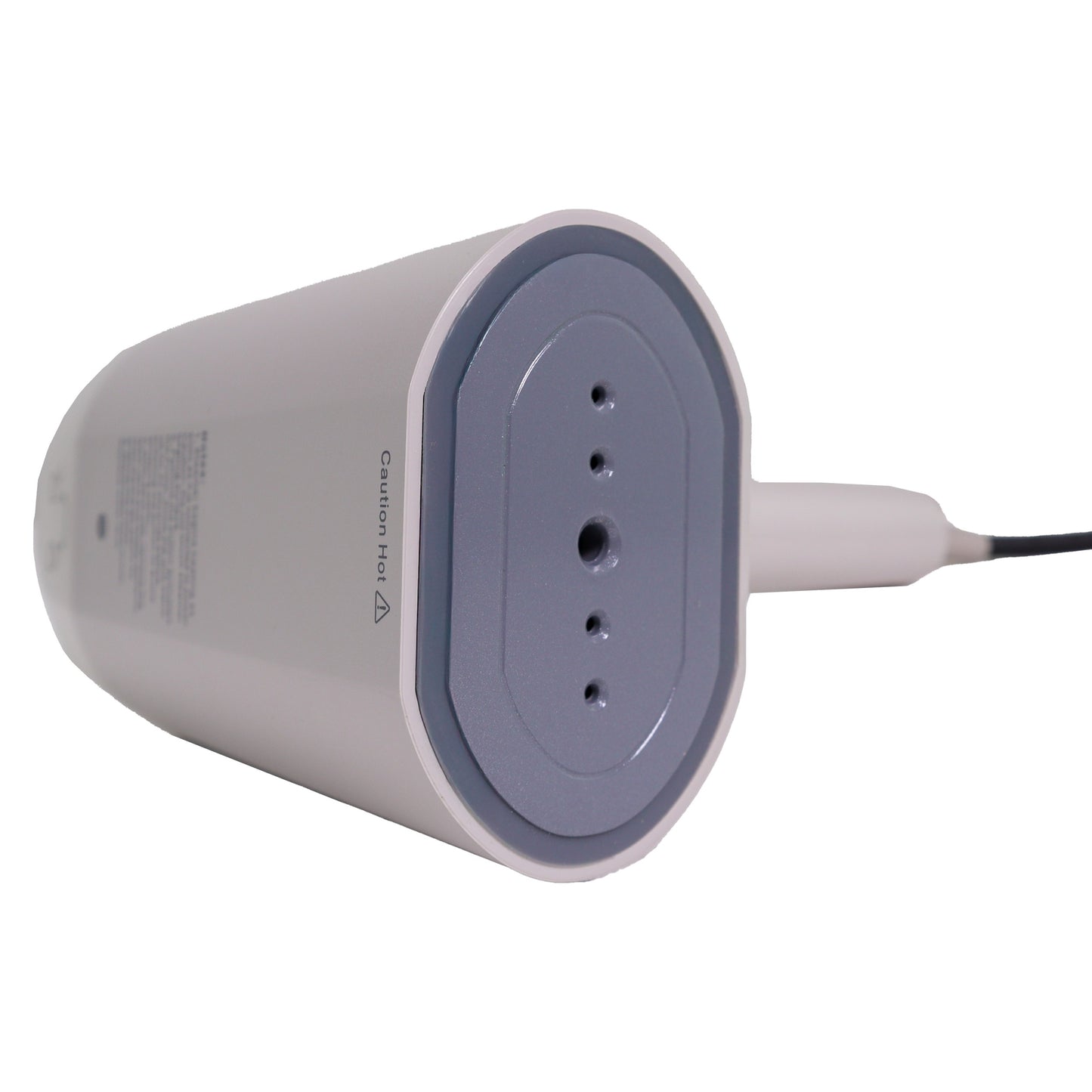 Valiant Products gray handheld garment steamer showing the non-stick base plate with steam vents and caution label
