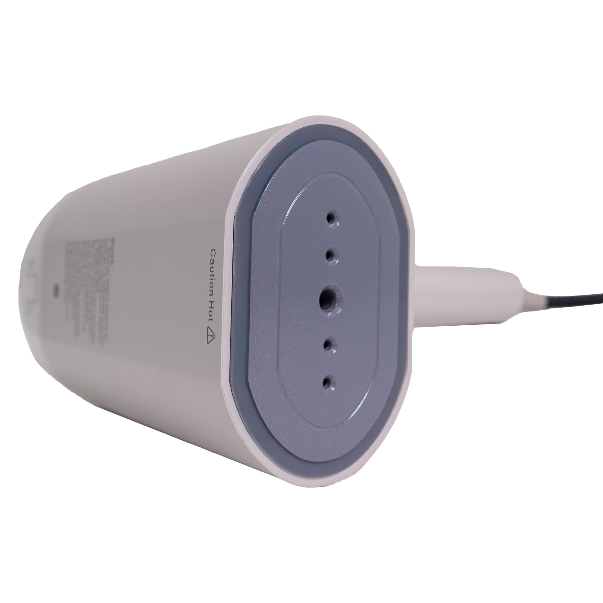 Valiant Products gray handheld garment steamer showing the non-stick base plate with steam vents and caution label