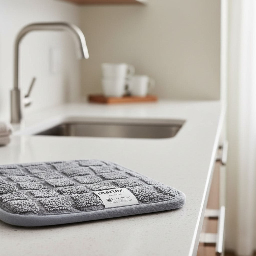 Valiant Products grey square cotton pot holder with textured pattern on a modern kitchen countertop