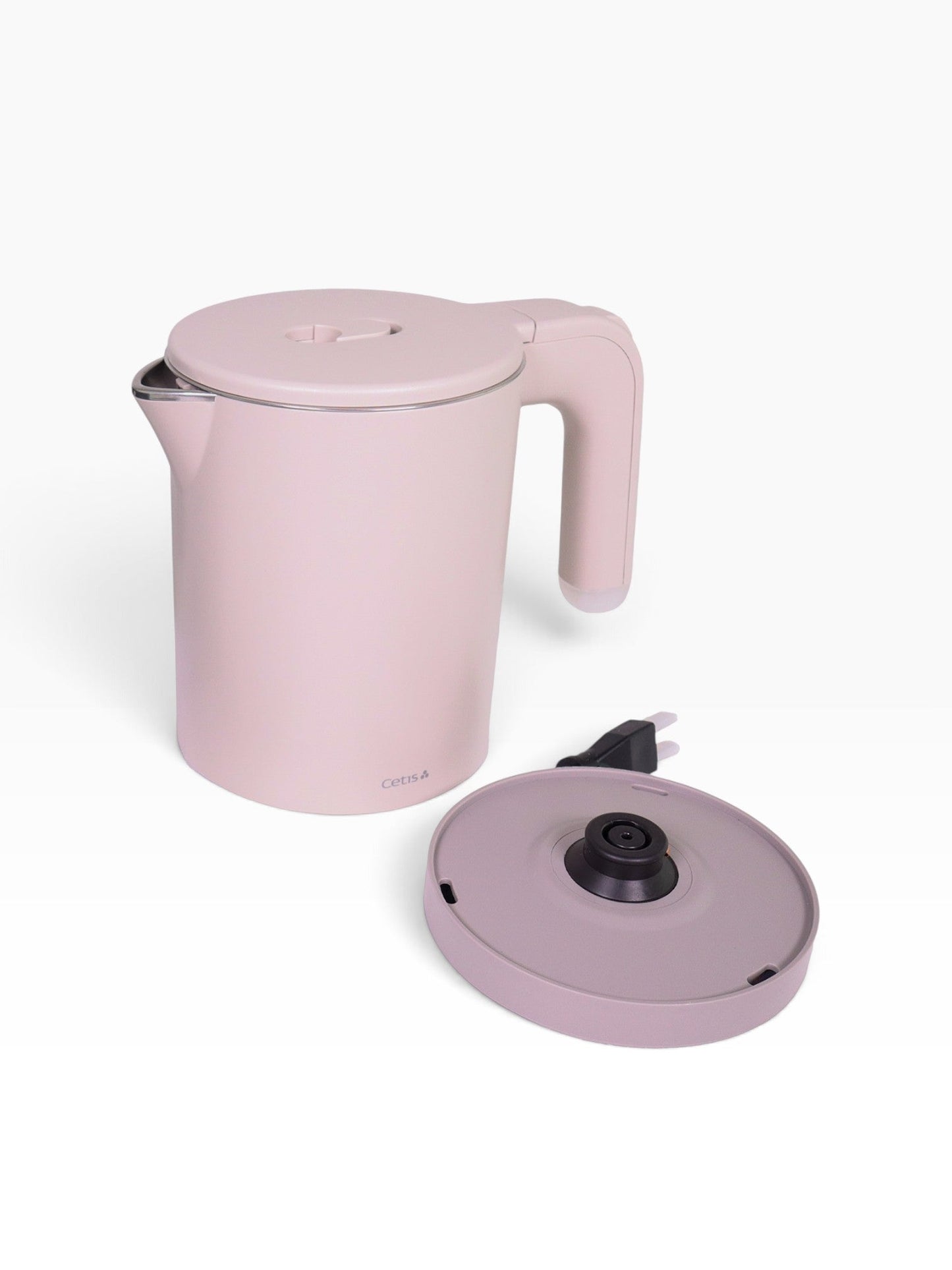Valiant Products K-608 electric kettle in soft grey with a matching base, featuring a 0.8L stainless steel interior.