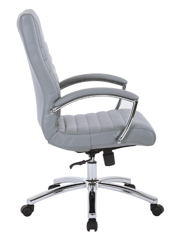 Valiant Products Cussler mid-back ergonomic office chair in grey faux leather with polished chrome arms and base.
