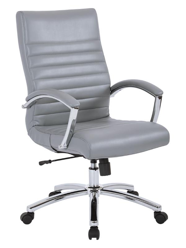 Valiant Products Cussler mid-back office chair in grey faux leather with polished chrome arms and base.