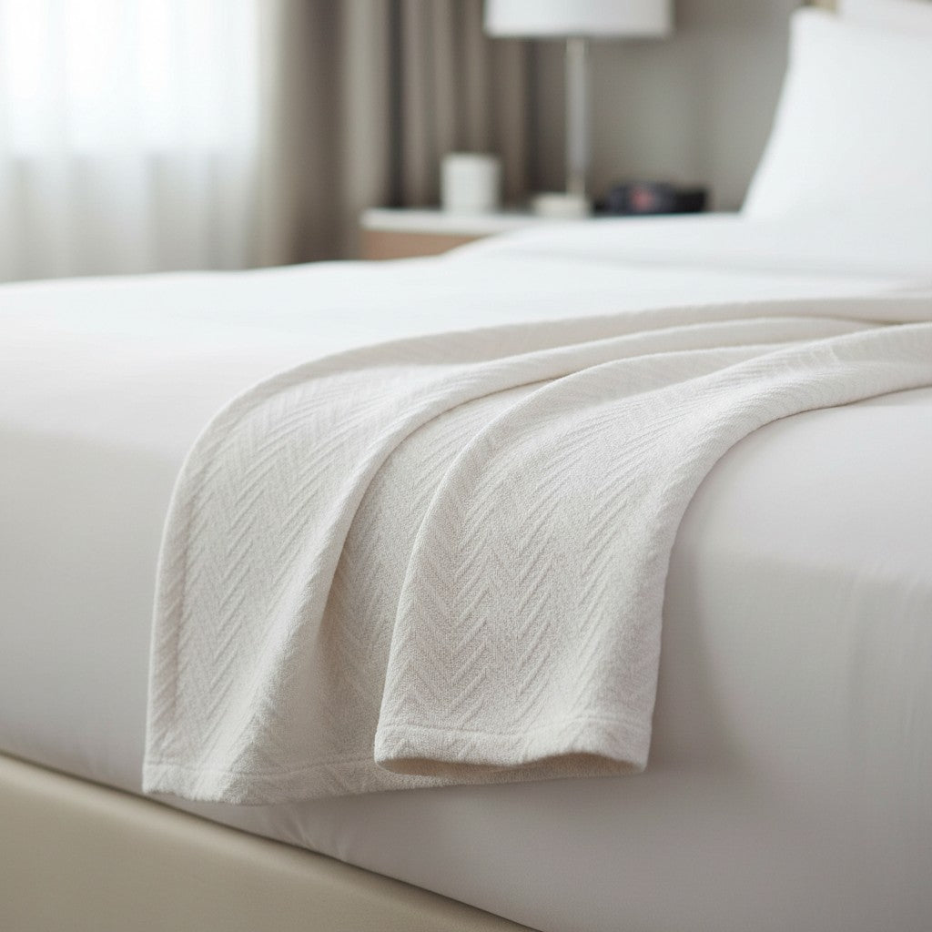 Valiant Products Grand Patrician 100% cotton blanket in natural with a classic herringbone weave on a made bed