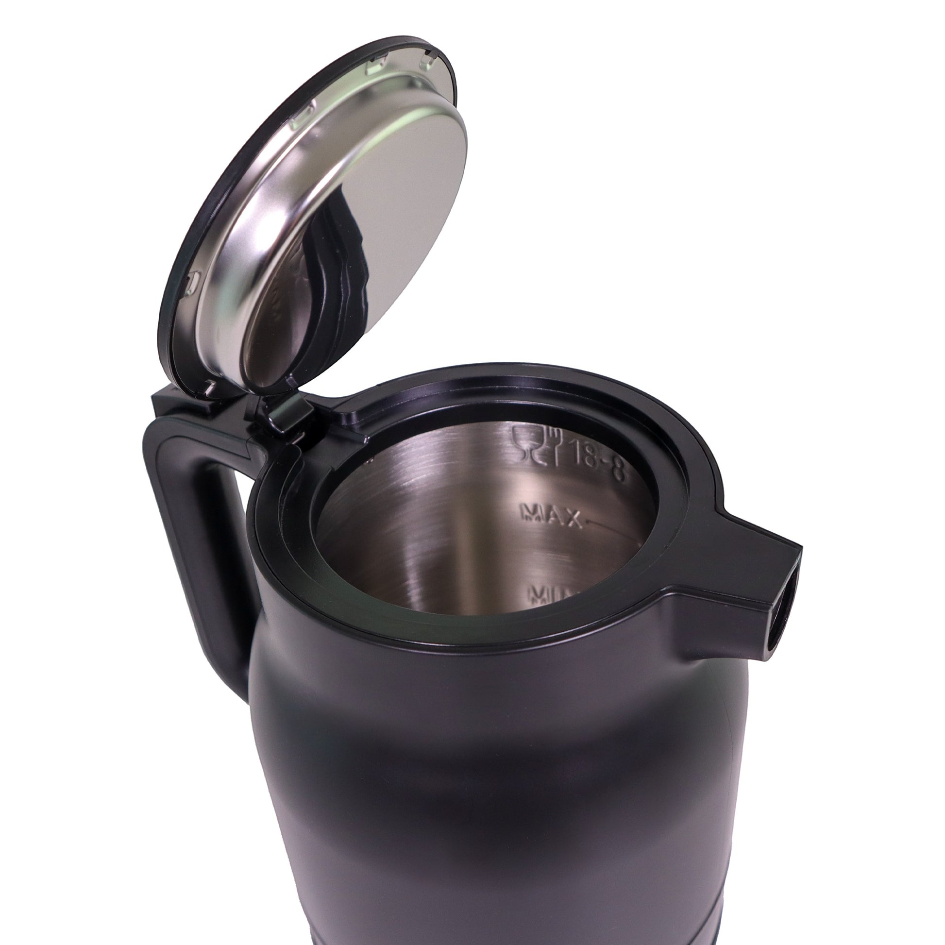 Valiant Products K-100 black electric kettle with open lid showing the 304 stainless steel interior liner