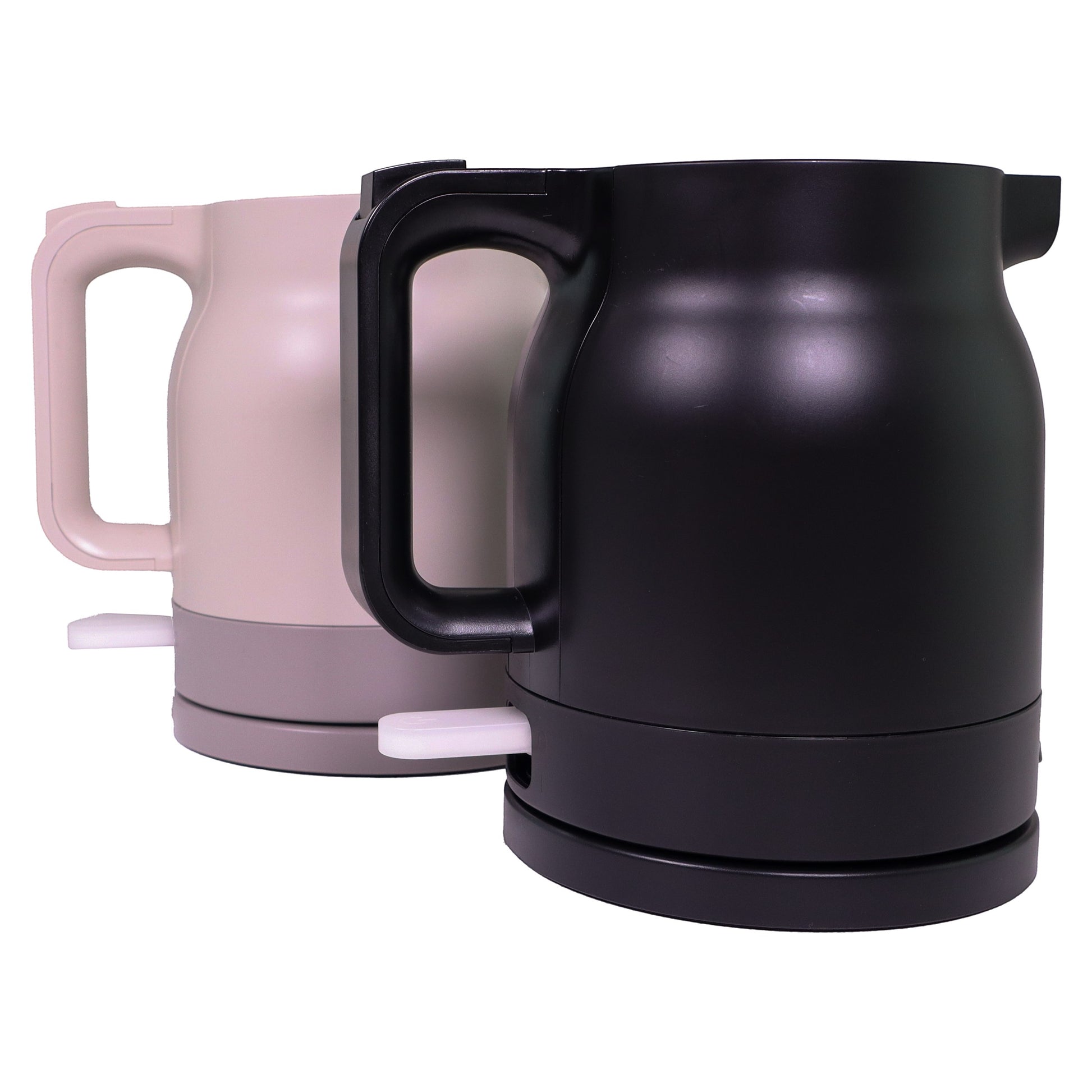 Valiant Products K-100 electric kettles in black and grey with anti-scalding insulation and stainless steel liner.