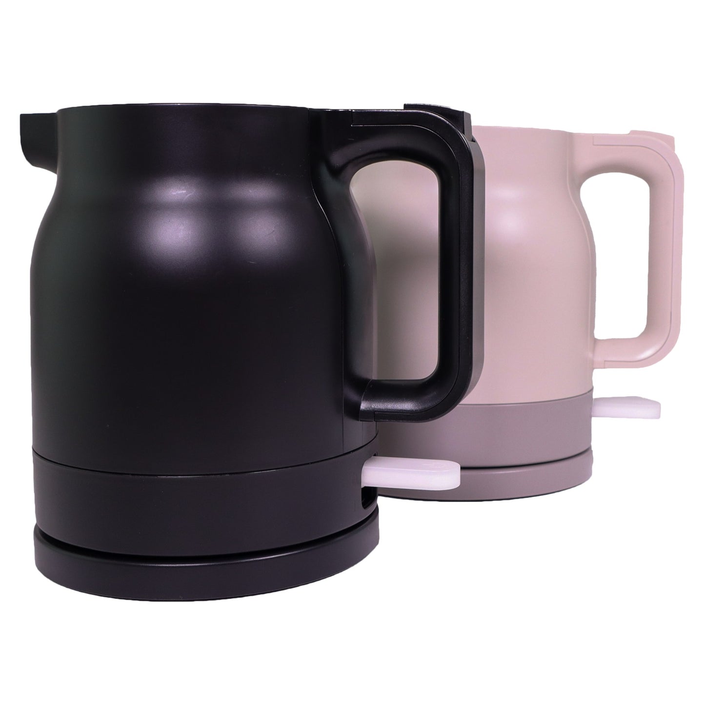 Valiant Products K-100 electric kettles in black and grey with anti-scalding insulation and stainless steel liners.