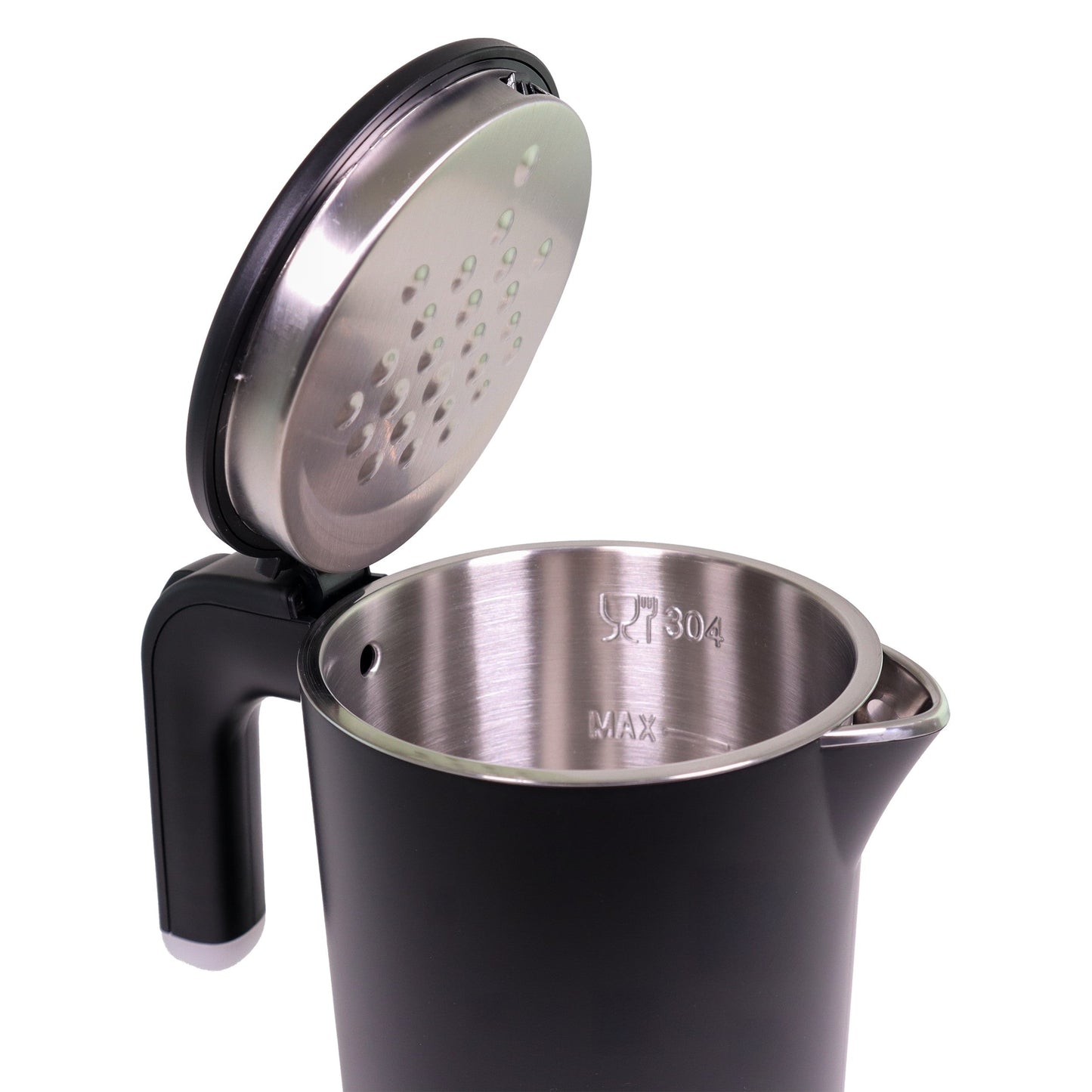 Valiant Products K-608 black electric kettle with an open lid showing the 304 stainless steel interior liner