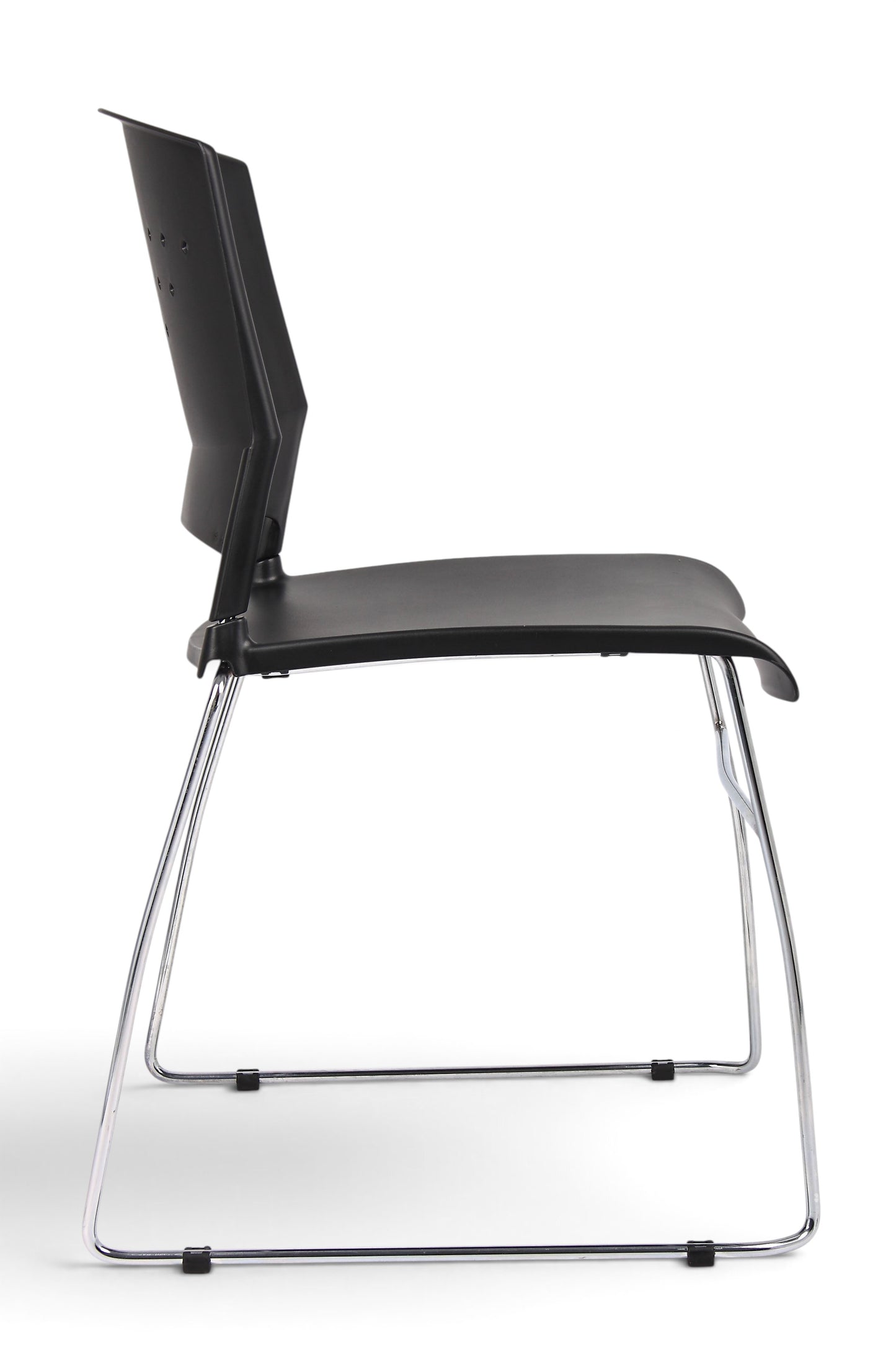 Valiant Products Kellan black polypropylene stack chair with a chrome frame shown from a side profile view.