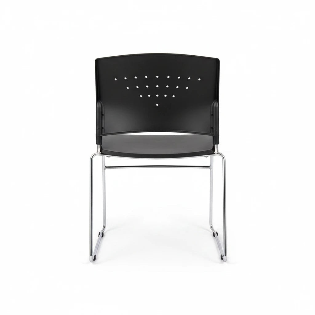 Valiant Products Kellan black stackable chair with a durable polypropylene seat and a sleek chrome metal frame