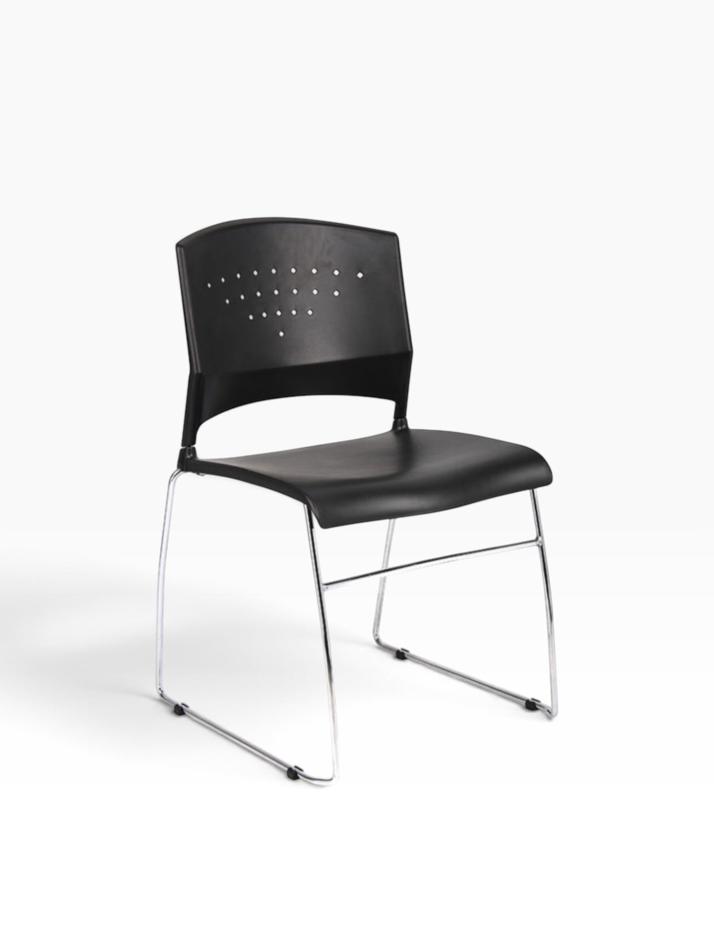 Valiant Products Kellan black polypropylene stackable chair with a durable chrome frame and perforated backrest.