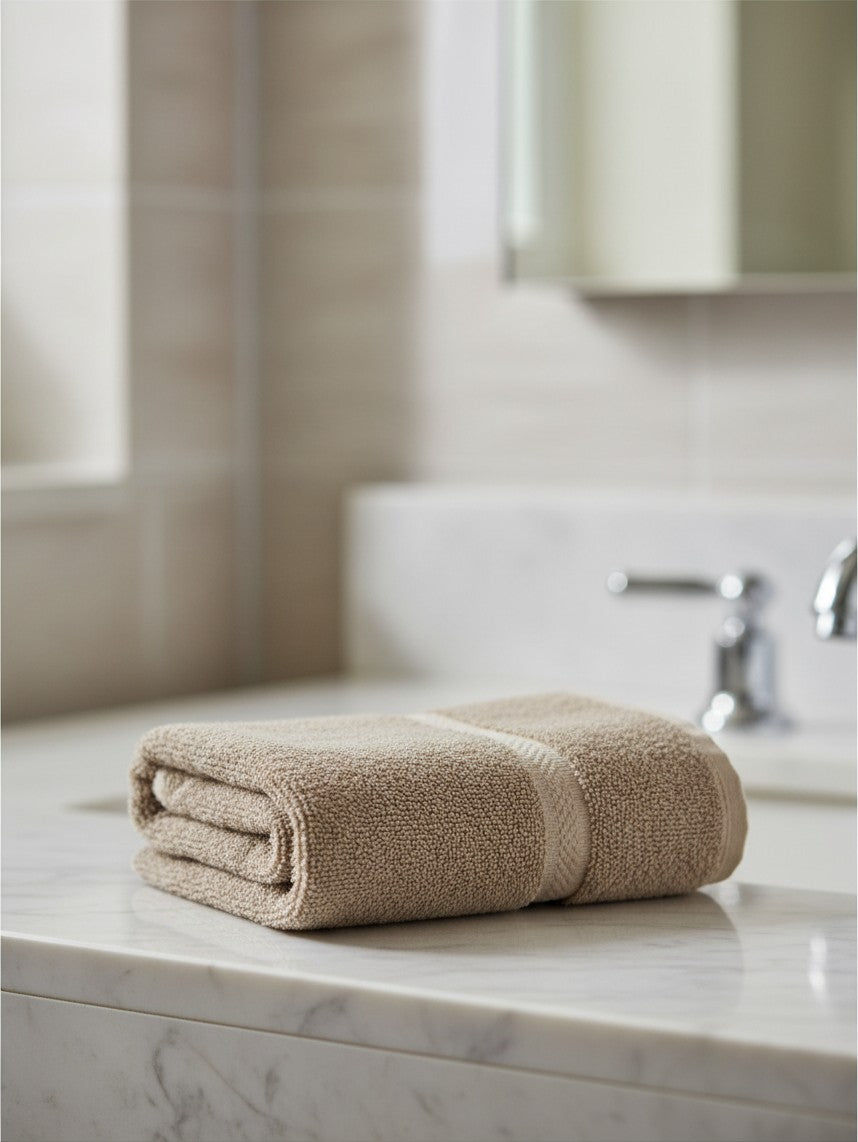 Valiant Products khaki ring-spun cotton hand towel with a dobby border design, folded on a marble bathroom vanity.