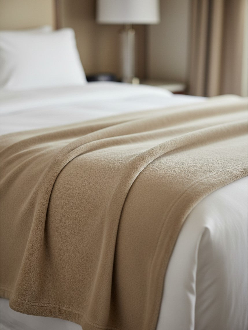 Valiant Products khaki plush microfiber blanket with Raschel knit texture draped over a neatly made hotel bed
