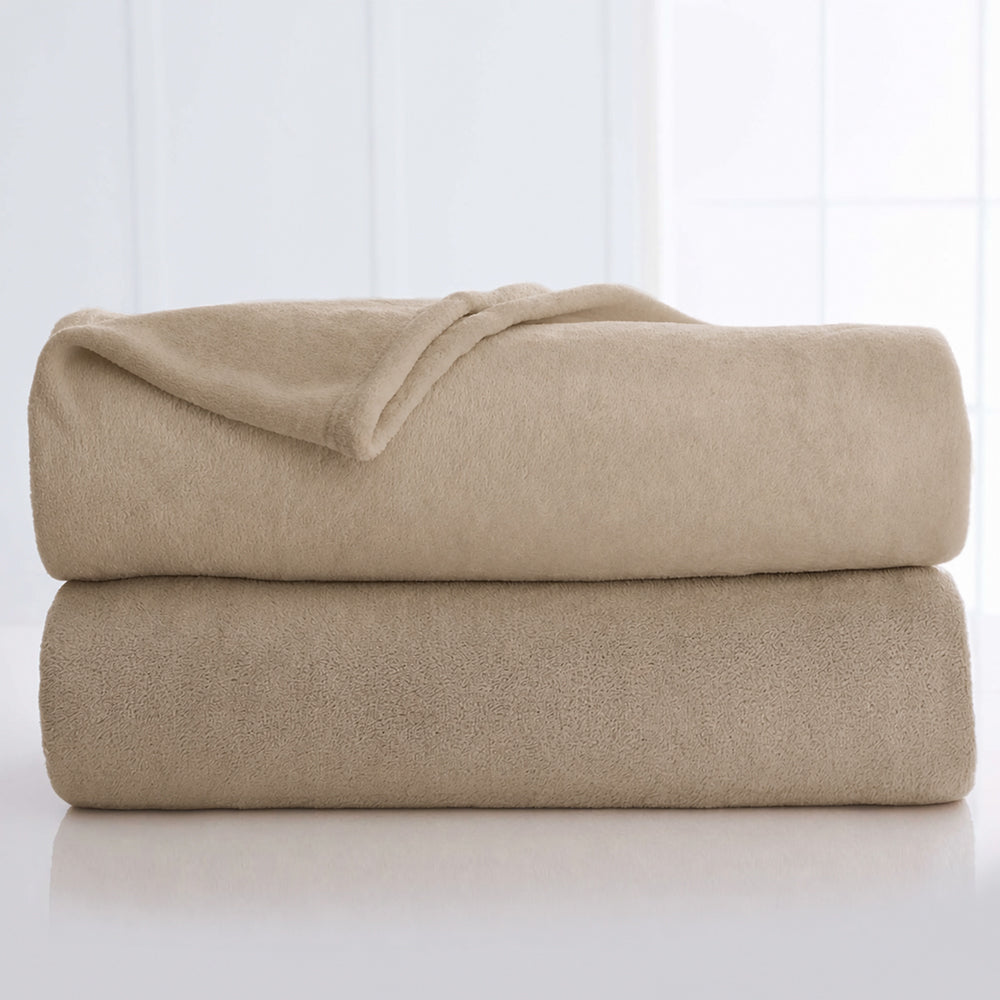 Valiant Products khaki plush microfiber blanket with soft Raschel knit texture for hospitality and home use.