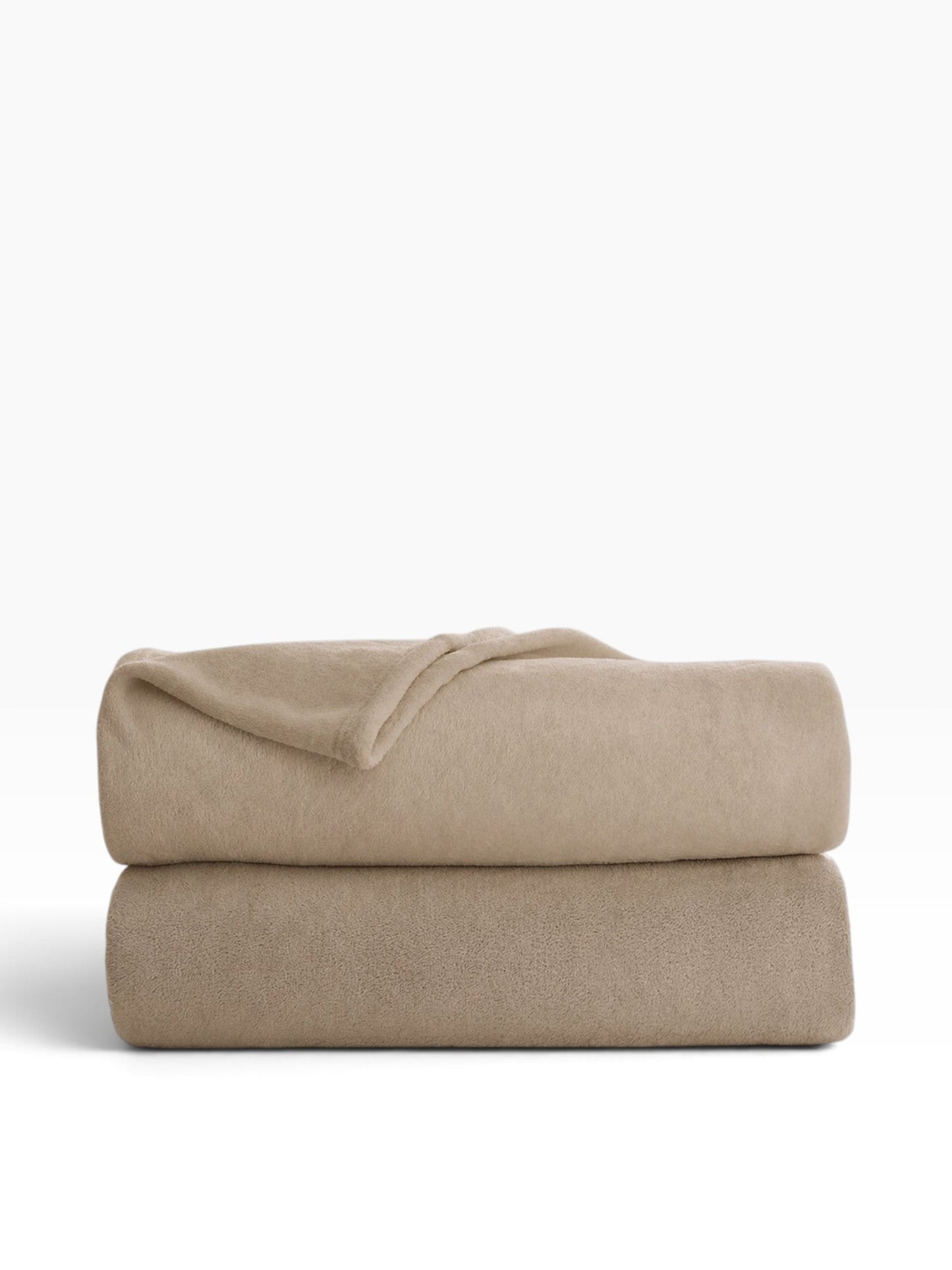 Valiant Products plush khaki microfiber blanket with a soft Raschel knit texture, folded for hospitality use.